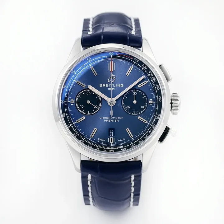 View 1 of GF Factory Breitling Premier B01 Chronograph – Blue Dial, Stainless Steel Case, Leather Strap