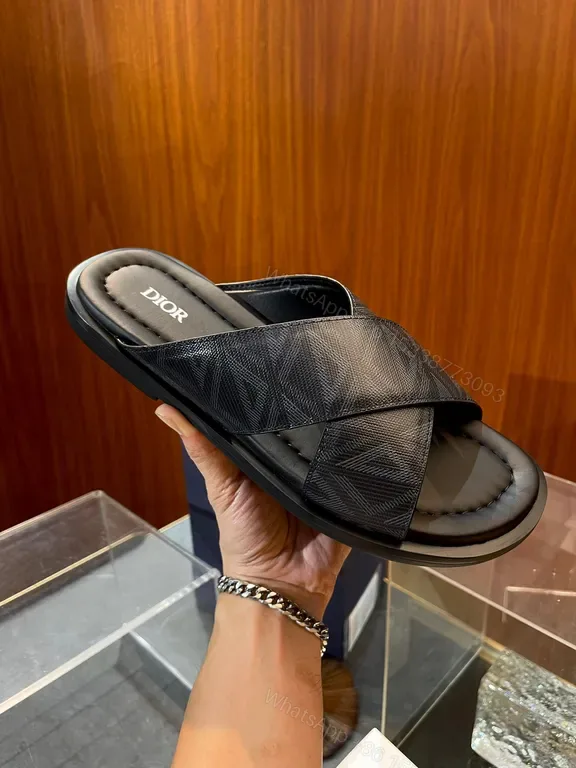 View 1 of Premium Black Leather Slide with Textured Texture + All-Day Comfort Slide