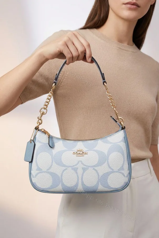 View 1 of Coach Teri Shoulder Bag Signature Canvas Printed Blue First Copy | AAA+ Replica