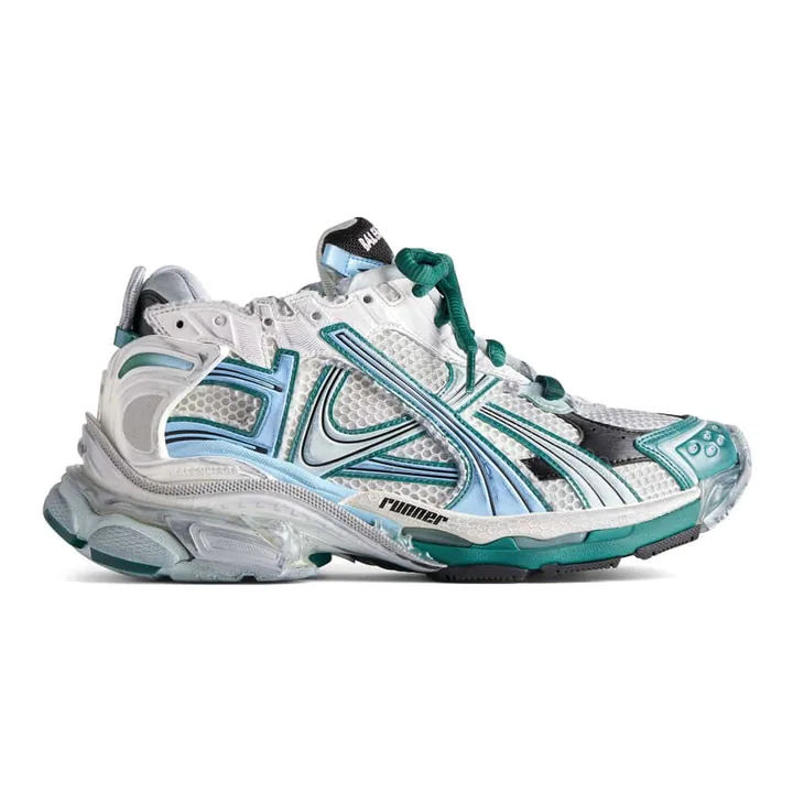 View 1 of BALENCIAGA RUNNER SNEAKER IN WHITE, GREEN AND BLUE MESH AND NYLON – BB268