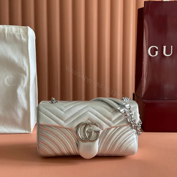 View 1 of GUCCI GG MARMONT BAG 26 IN SILVER LAMBSKIN