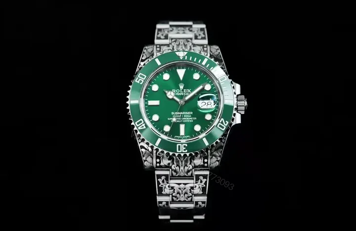 View 1 of Best Rolex Submariner Hand-Carved Green replica 40MM Engraved Steel Bracelet Edition RG-SUB-HANDCARVED-GREEN-BRACELET-40