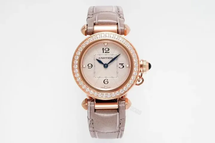 View 1 of JF Factory Cartier Pasha de Cartier Women’s Watch – 30mm Rose Gold with Diamond Bezel, Blue Steel Hands, and Quick Release Leather Strap