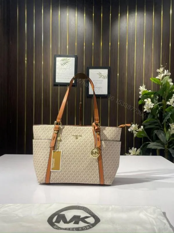 View 1 of First Copy Michael Kors MK Sullivan Zipper Tote Bag Coffee & Beige