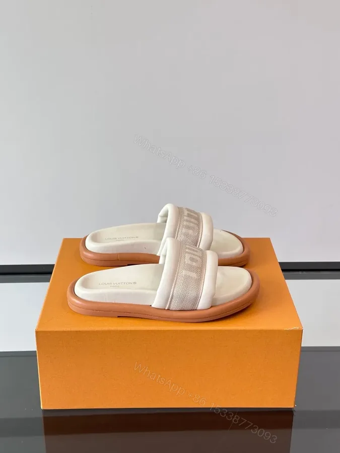 View 1 of LV Men Beige Fabric Slides With Brown Sole