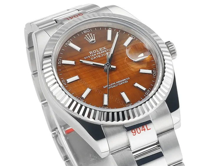 View 1 of 3A Factory Clean Factory – Rolex Datejust 41 Custom Tiger Eye Dial (Note: The color “Tiger Eye” is used to describe the unique orange-brown hue of the dial, which is characteristic of tiger eye stone.)