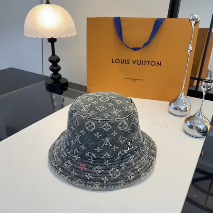 View 1 of Grey Denim-Feel Bucket Hat Monogram Detail, Unisex Style
