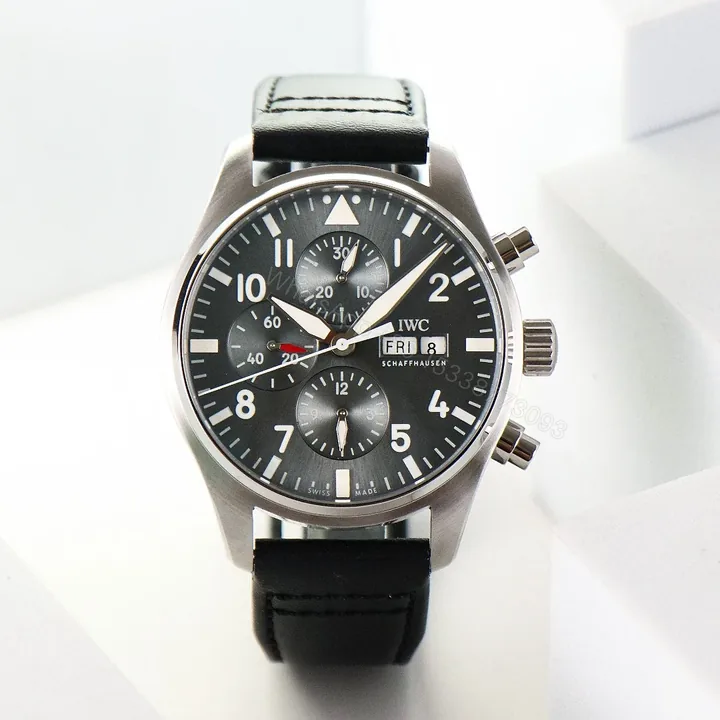 View 1 of IWC Pilot Chronograph Grey Replica 43MM Premium Black Leather Strap Edition IW378003