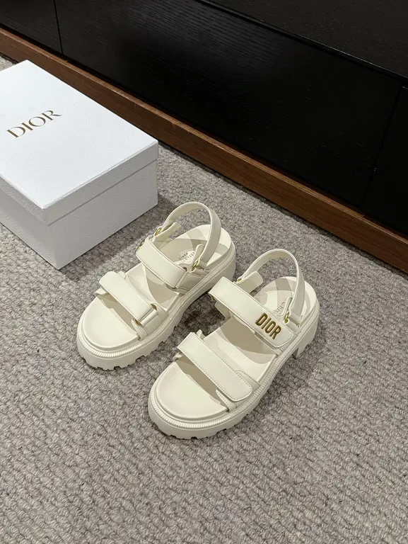 View 1 of Chunky White Leather Sandals with Gold Branding, Dior-Inspired