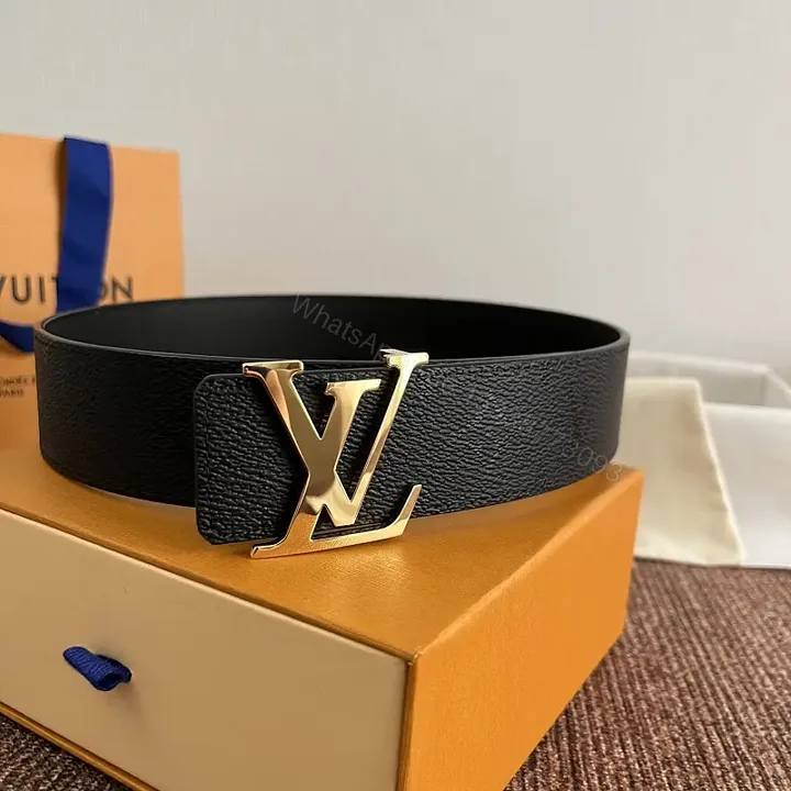 View 1 of Black Pebbled Leather Belt with Gold LV Buckle - Classic Luxury