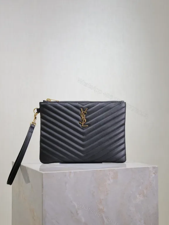 View 1 of Chic Chevron Quilted Clutch with Gold Emblem - Compact Luxury