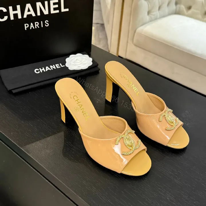 View 1 of Satin Mules: Nude-Toned, Gold-Emblem, Block Heel, Luxe Comfort