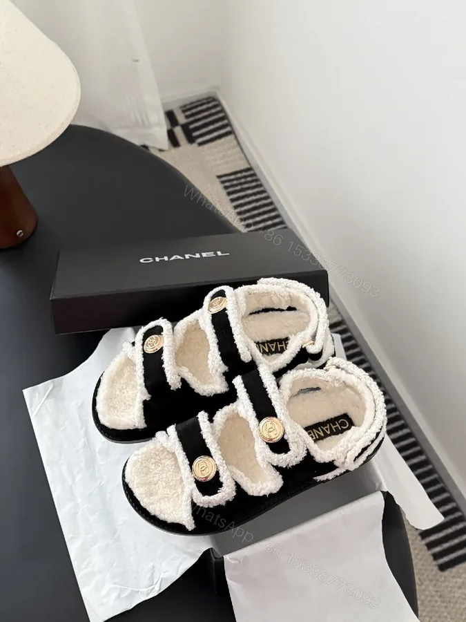 View 1 of Cozy-Luxe Sandals: Plush Comfort, Black Ivory Trim, Open-Toe Luxury