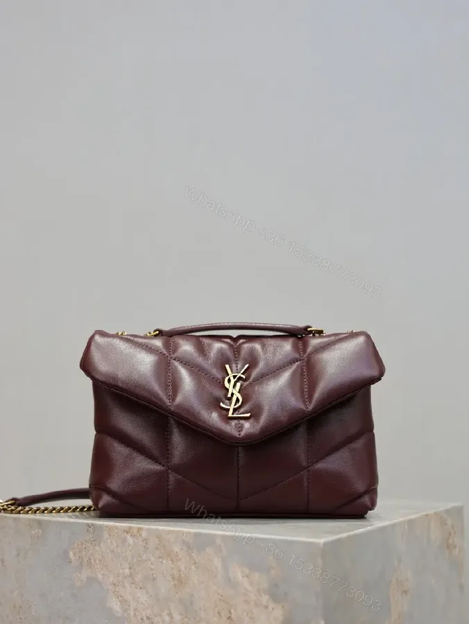 View 1 of Quilted Burgundy Leather Shoulder Bag with Gold Hardware