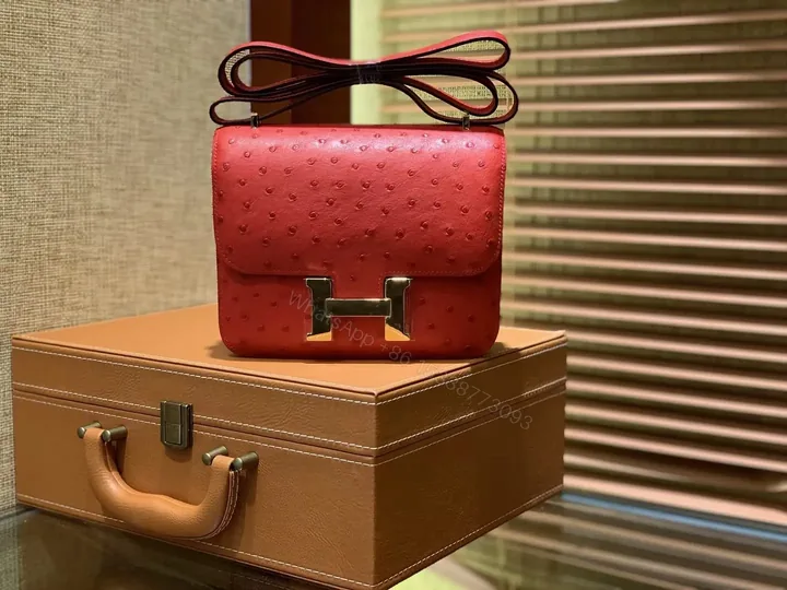 View 1 of HN Rouge Vif Ostrich Constance Mini 18 gold hardware