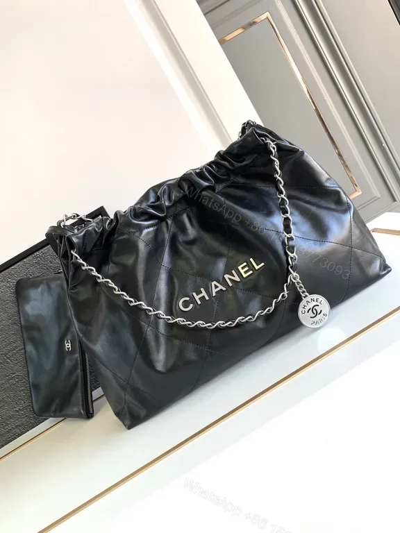 View 1 of Quilted Black Leather Tote with Chain - Luxe Everyday Bag