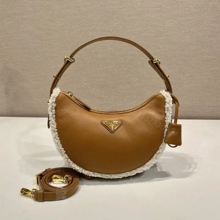 View 1 of 高仿Prada*Moon系列1BC194小羊皮羊毛半月包干邑色免檢版