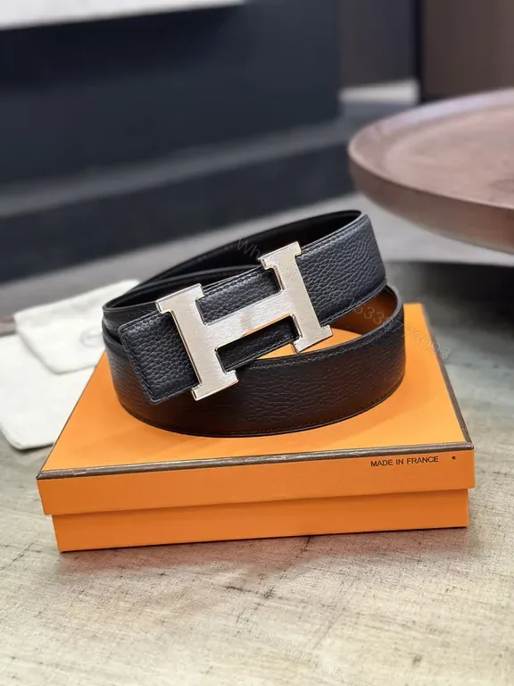 View 1 of Black Leather Hermes-Style H Buckle Belt - Modern Luxury Everyday Versatility