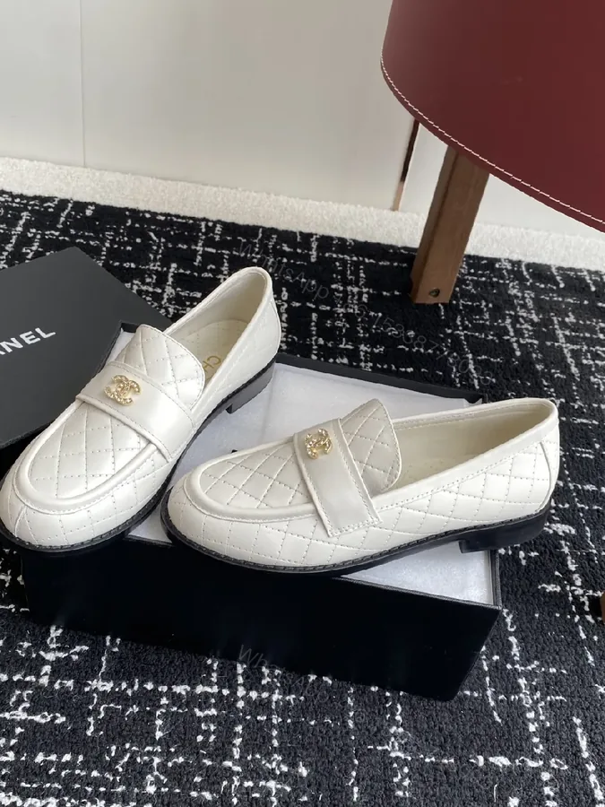 View 1 of Quilted White Leather Loafers with Gold Hardware, All-Day Comfort