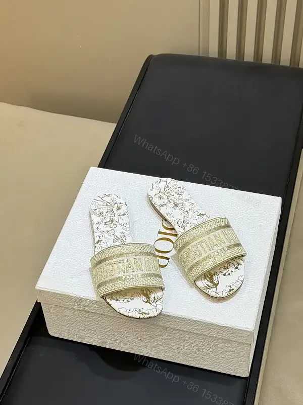 View 1 of White Leather Christian Dior-Style Sandals Slide Shoes