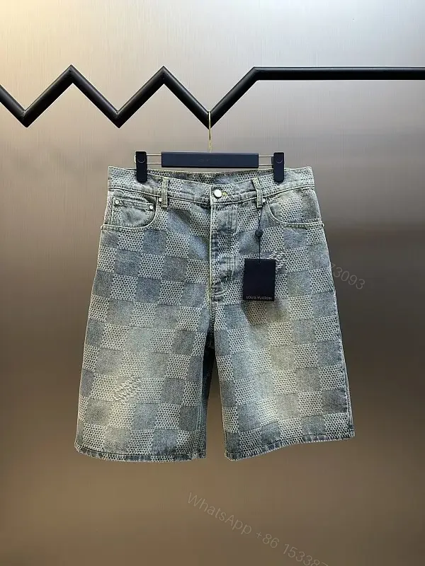 View 1 of Gray Denim Checkerboard Shorts Tailored Slim Style Louis Vuitton Tag