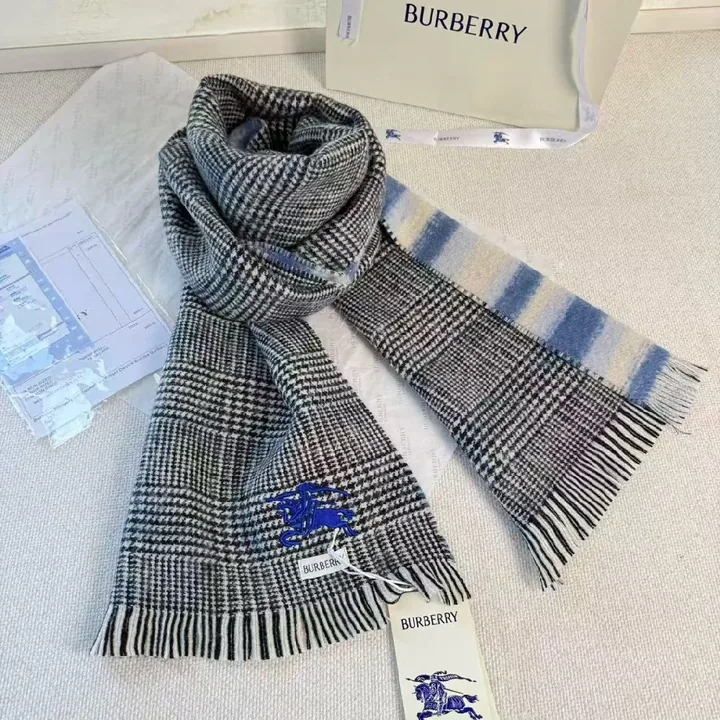 View 1 of Cozy Plaid Scarf – Soft Knit, Fringed Ends, Navy Embroidery