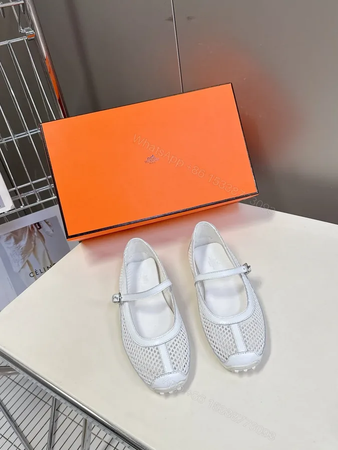 View 1 of Hermes Women White Mesh Leather Mary Jane Flats