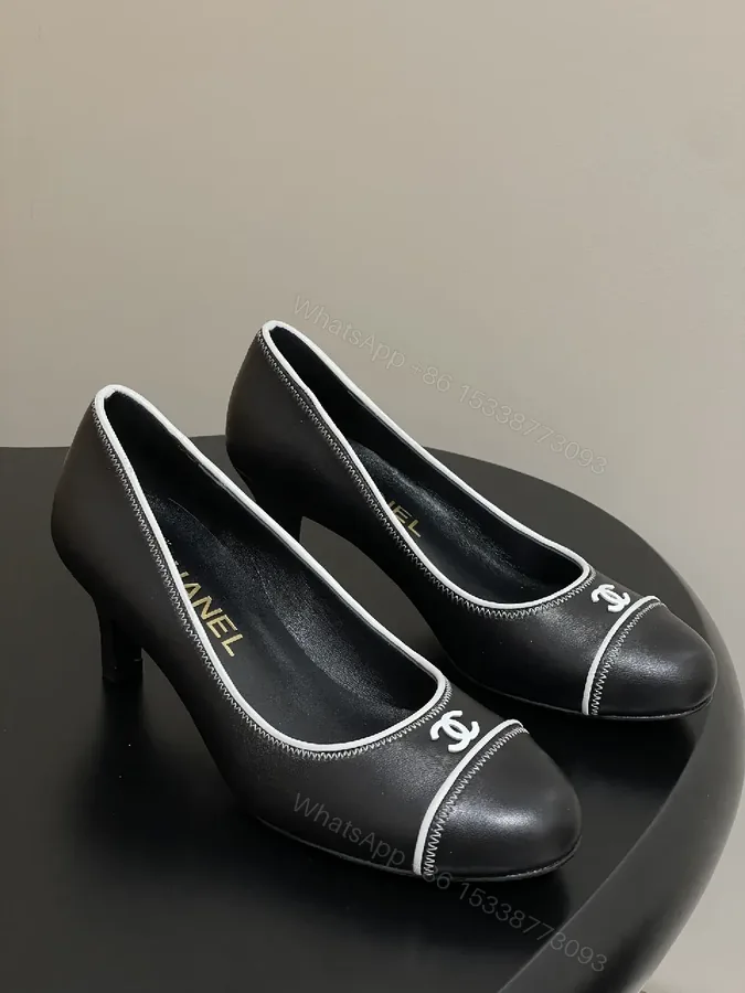 View 1 of Black Leather Heels - White Piping, Logo Detail, 2.5" Heel