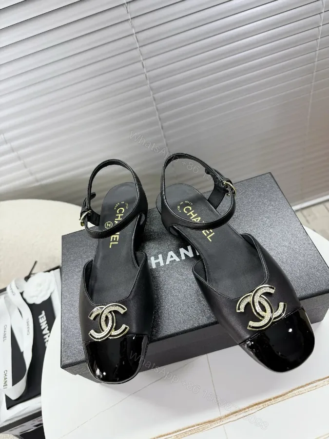 View 1 of Black Satin-Patent Slingback Flats with Gold Logo Hardware