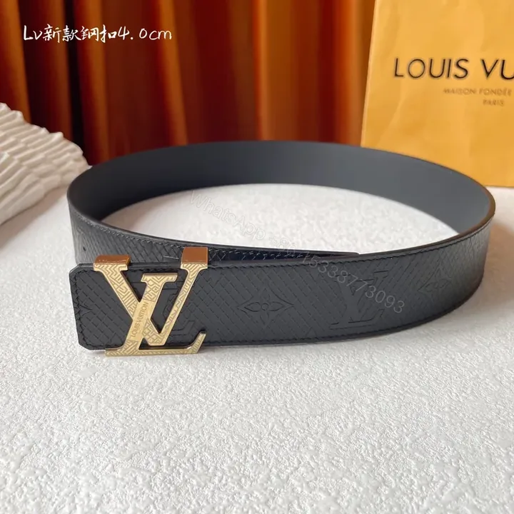 View 1 of Refined Black Textured Leather Belt with Gold LV Buckle