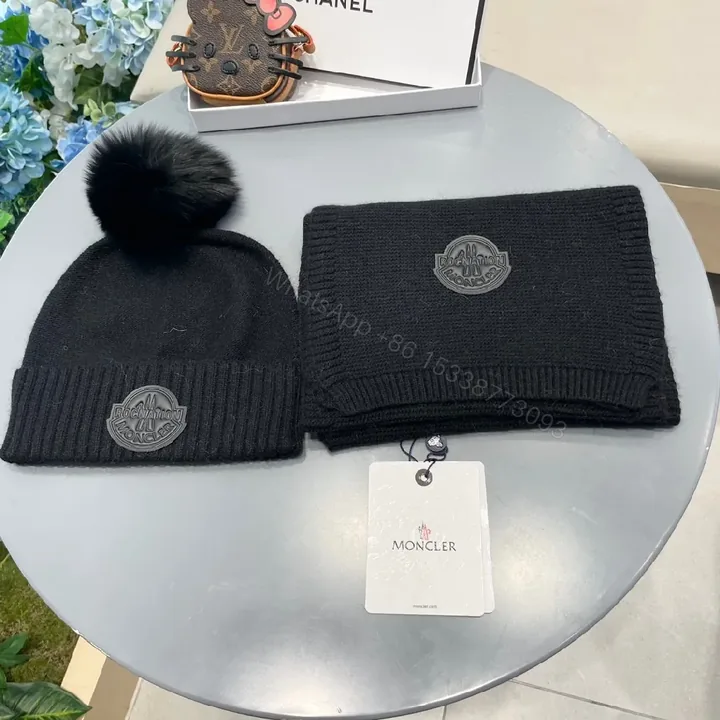 View 1 of Cozy Black Knit Set: Pom-Pom Beanie & Scarf - All-Season Luxury