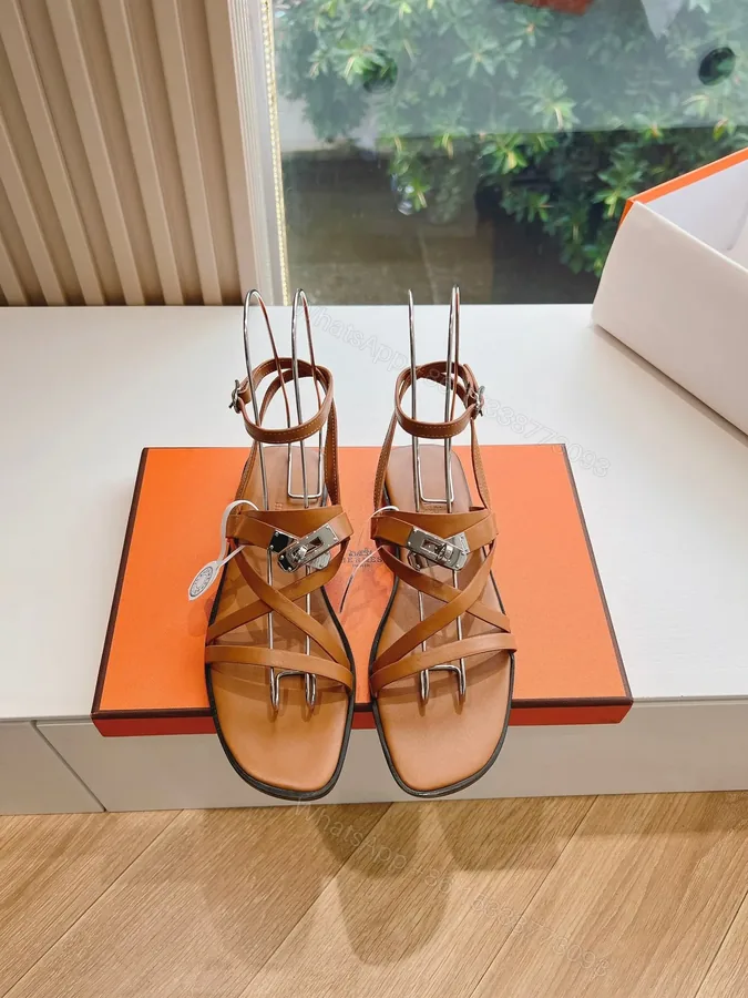 View 1 of Hermes Women Tan Leather Strappy Sandals