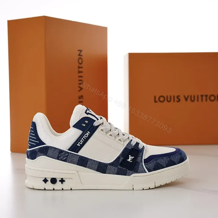 View 1 of Navy Leather Monogram Runner: Modern Checker Sneaker