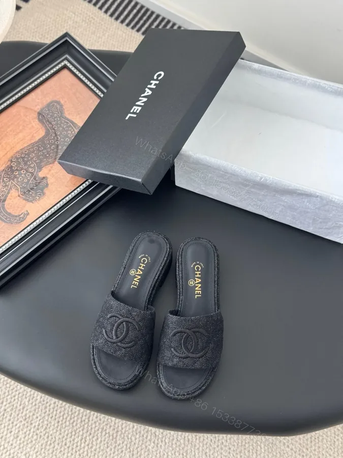 View 1 of Chanel Women Black Fabric Slide Sandals