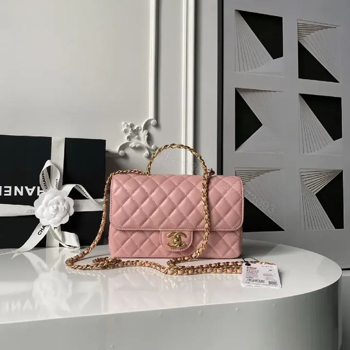 View 1 of Pink Quilted Flap Bag with Gold Chain - Luxury Crossbody Bag