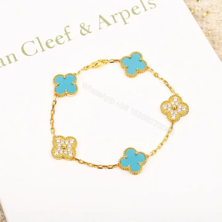 View 1 of 高仿首飾VanCleef&Arpels*RD003四葉草綠松石手鏈黃金款
