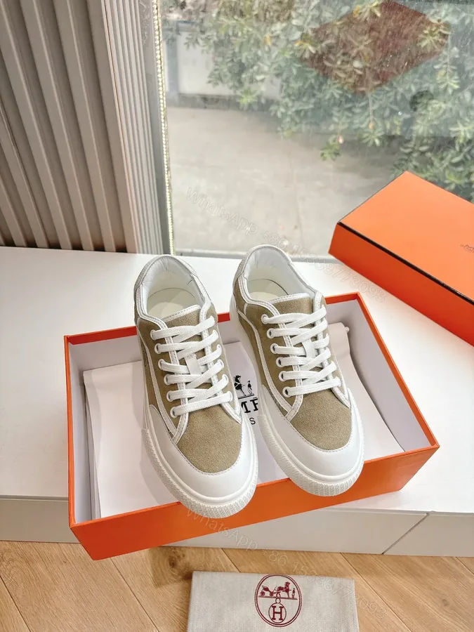 View 1 of Hermes Women Beige Suede White Leather Sneakers