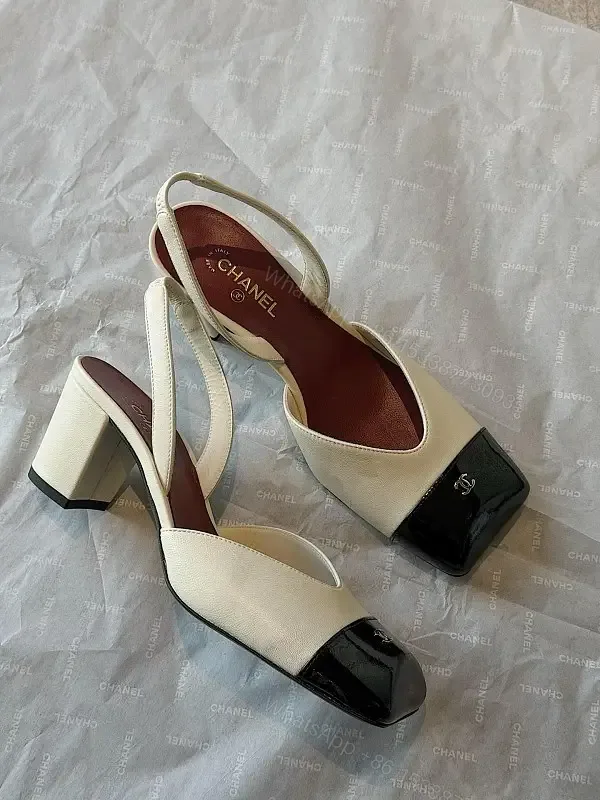 View 1 of Ivory & Black Cap-Toe Slingback Pump, Modern Block Heel