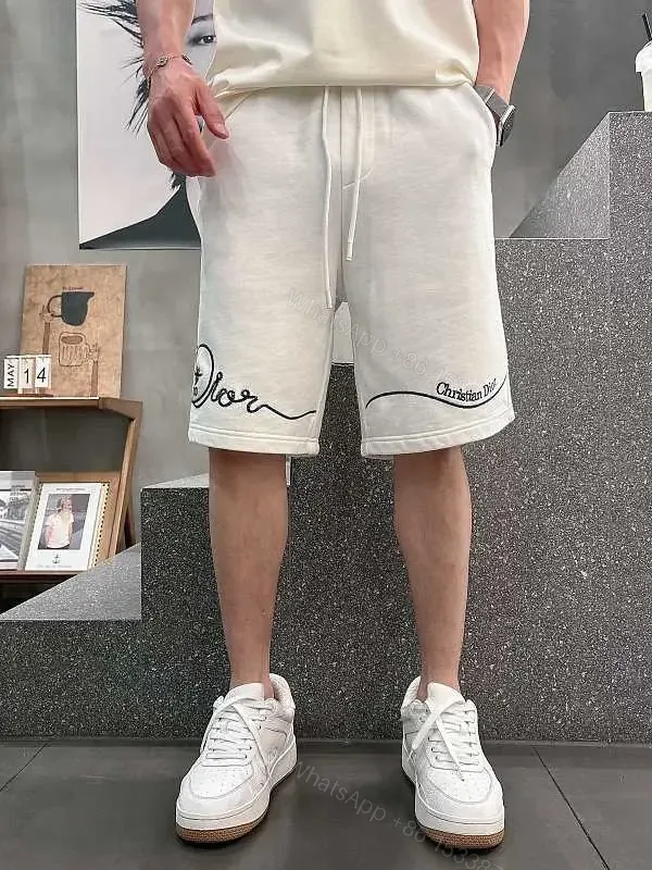 View 1 of White Knit Shorts Cotton Blend Casual Embroidered Script Short pants
