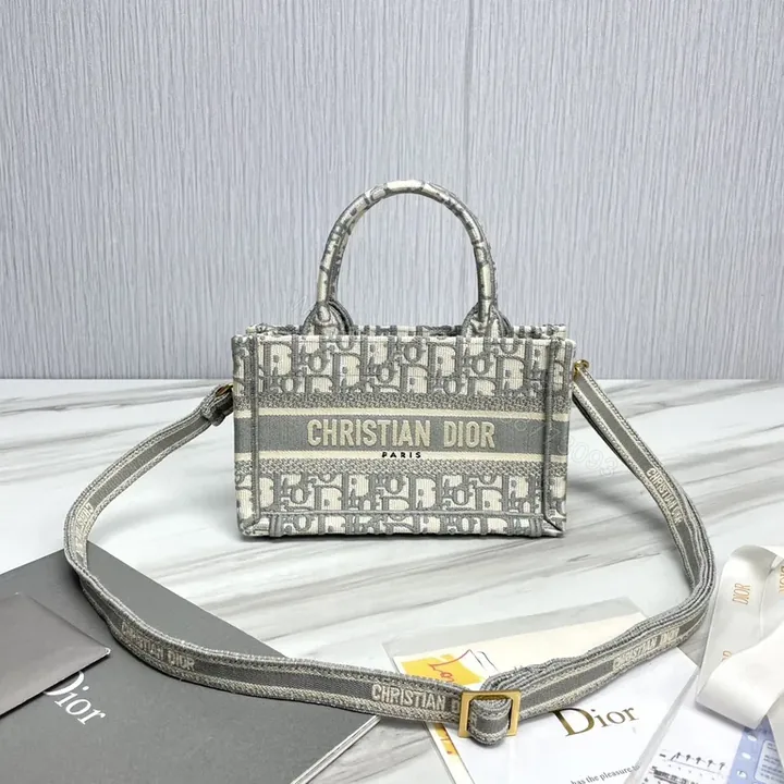 View 1 of Compact Dior Oblique Mini-Tote: Grey Jacquard, Logo Stripe, Premium