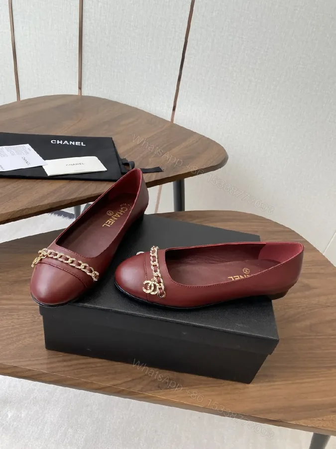 View 1 of Burgundy Leather Flats with Gold Chain Detail - Everyday Luxury