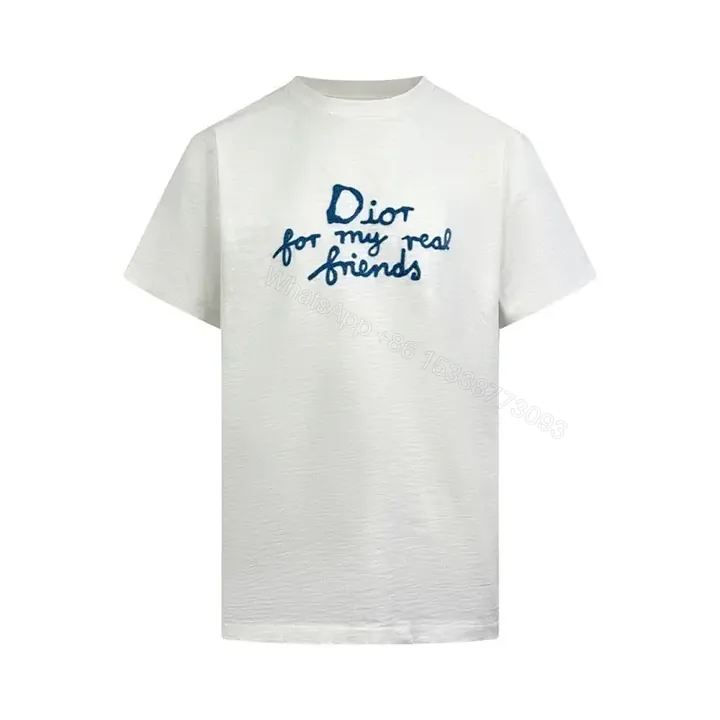 View 1 of White Cotton Tee - Handwritten Blue Dior Print, Relaxed Fit, Easy Luxury