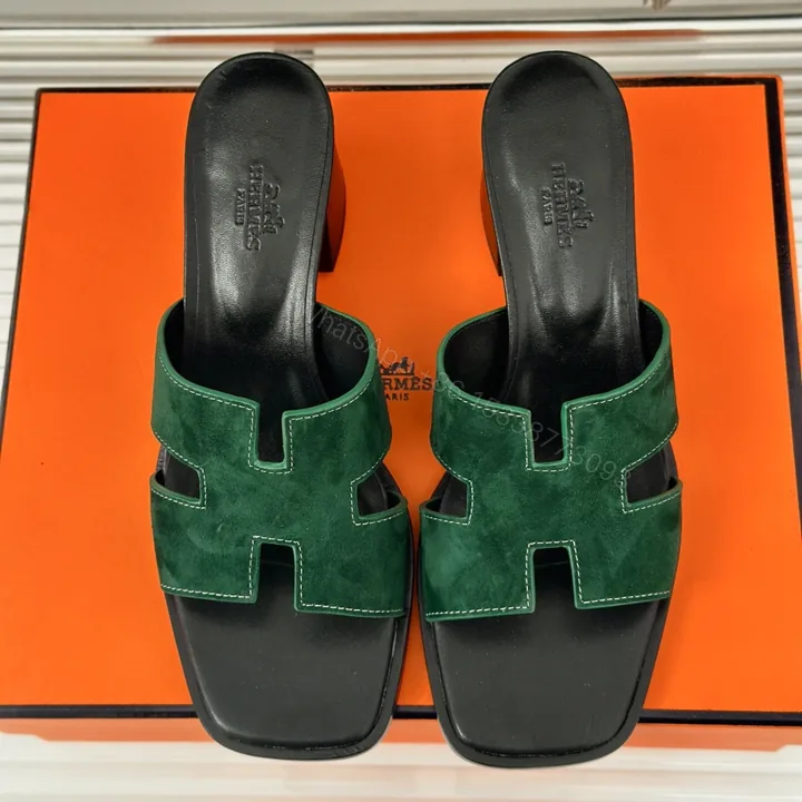 View 1 of 高仿Hermes*H222110ZI0經典H中踭拖鞋羊京面料綠色5CM免檢版