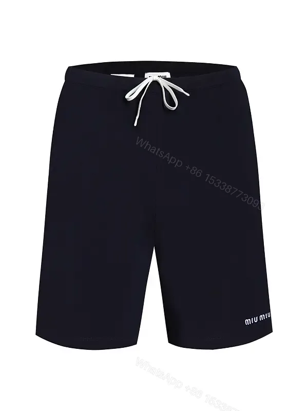 View 1 of Navy Cotton Drawstring Bermuda Shorts Miu Miu Style