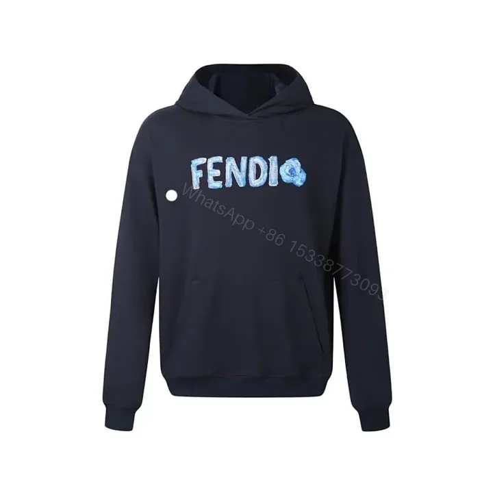 View 1 of Navy Fendi-Embroidered Graphic Hoodie, Luxe Cotton-Blend