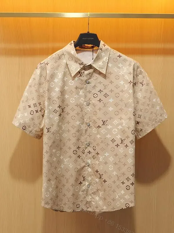 View 1 of Light Beige LV Monogram Short-Sleeve Shirt with Button Placket
