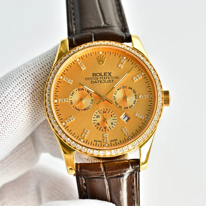 View 1 of Rolex Datejust R76 Gold Replica 41MM Premium Leather Strap Multi-Function Edition RG-ROLEX-DJ-R76-GOLD-LTH-41