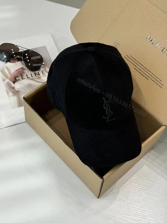View 1 of Black Velvet Cap with YSL Monogram â€” Structured Luxury Cap
