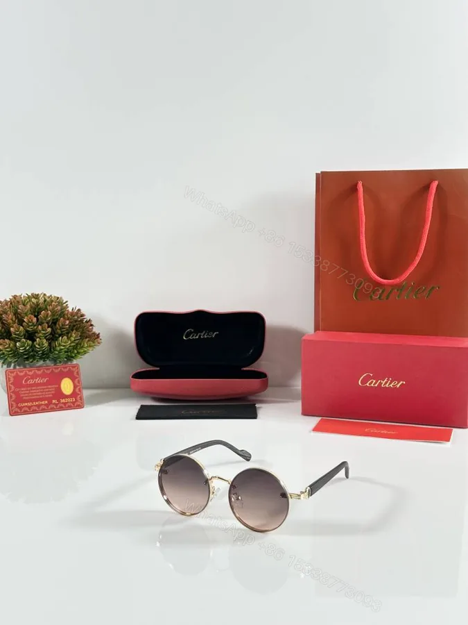 View 1 of First Copy Cartier Round Brown Gradient Sunglasses Metal Frame Unisex UV Protection