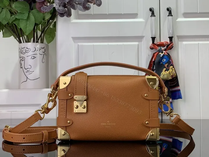 View 1 of Cognac Leather Satchel: Gold-Stud Accent, Structured Style